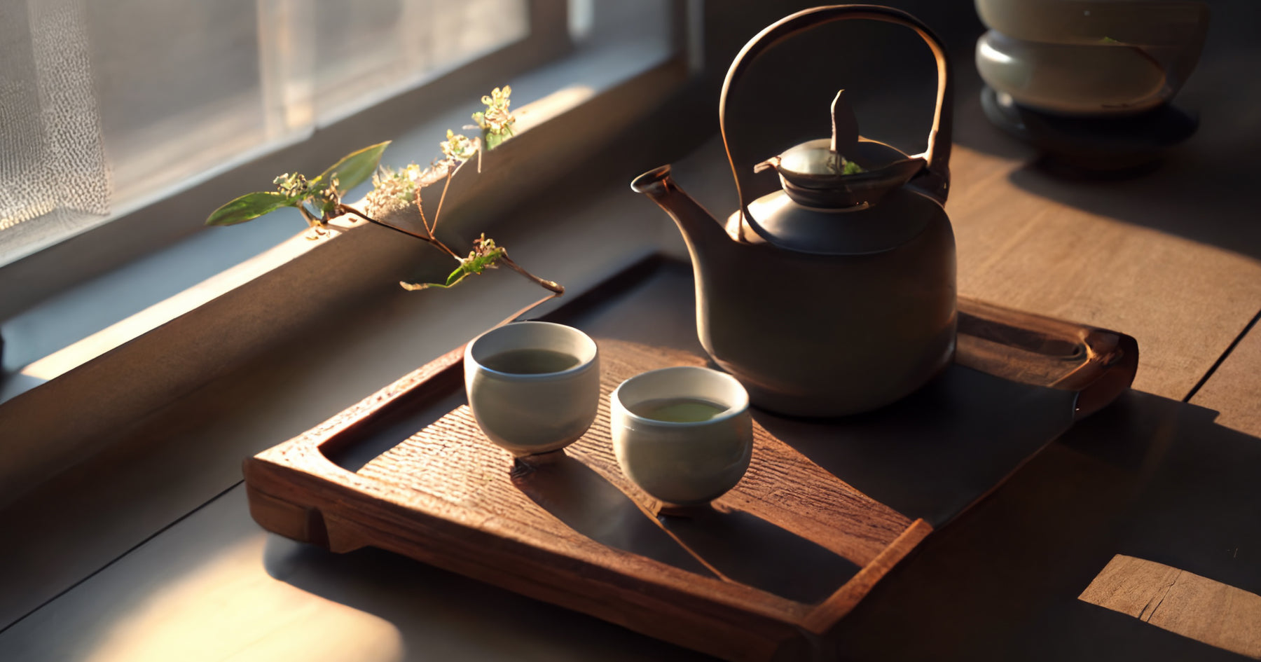 窓辺に置かれたお盆の上に、急須と二つの湯飲みが並んでいる。柔らかな日差しが差し込み、穏やかな雰囲気を演出している。そばには小枝が飾られ、自然の美しさが感じられる光景。